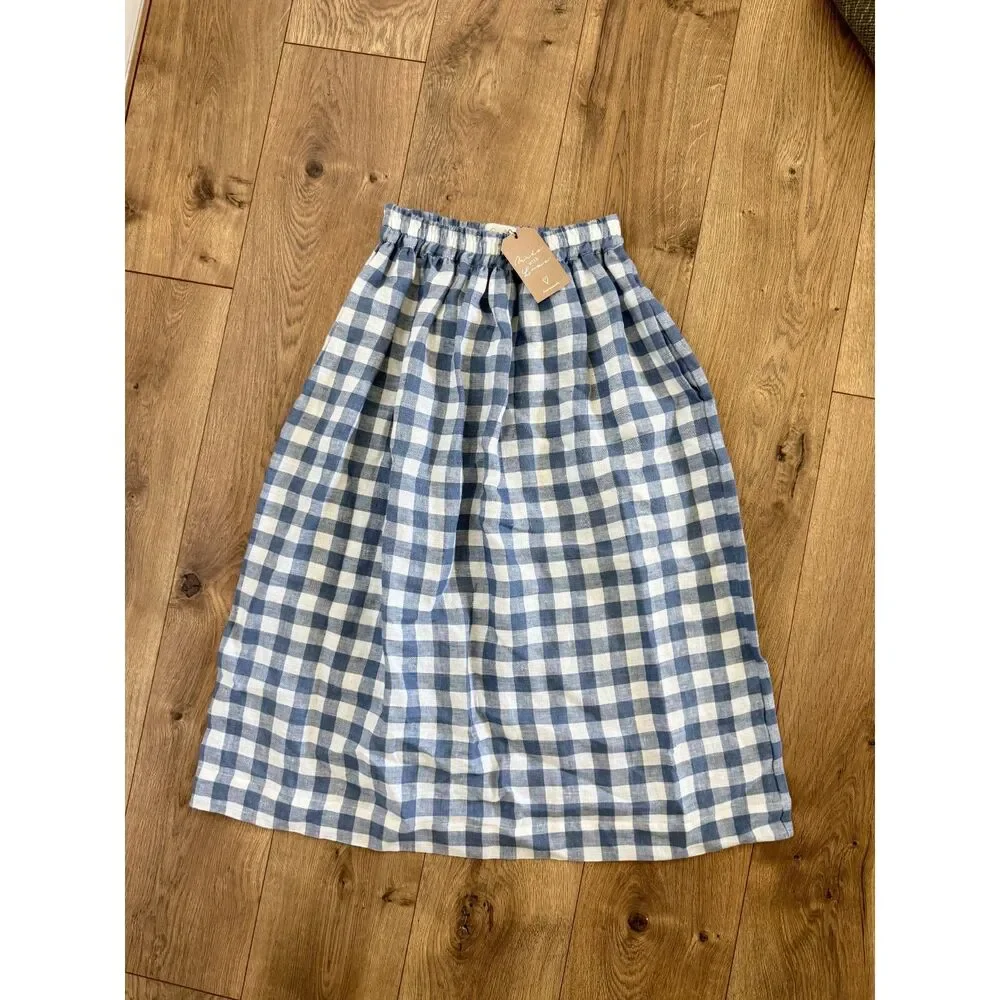 LINEN SWAN NWT 6 lagenlook Linen plaid midi blue checkered skirt natural fiber